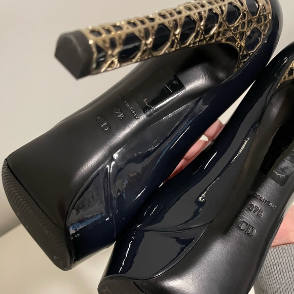 AUTHENTIC RARE NAVY DIOR METAL CANNAGE PEEP TOE HEELS - Picture 4 of 5